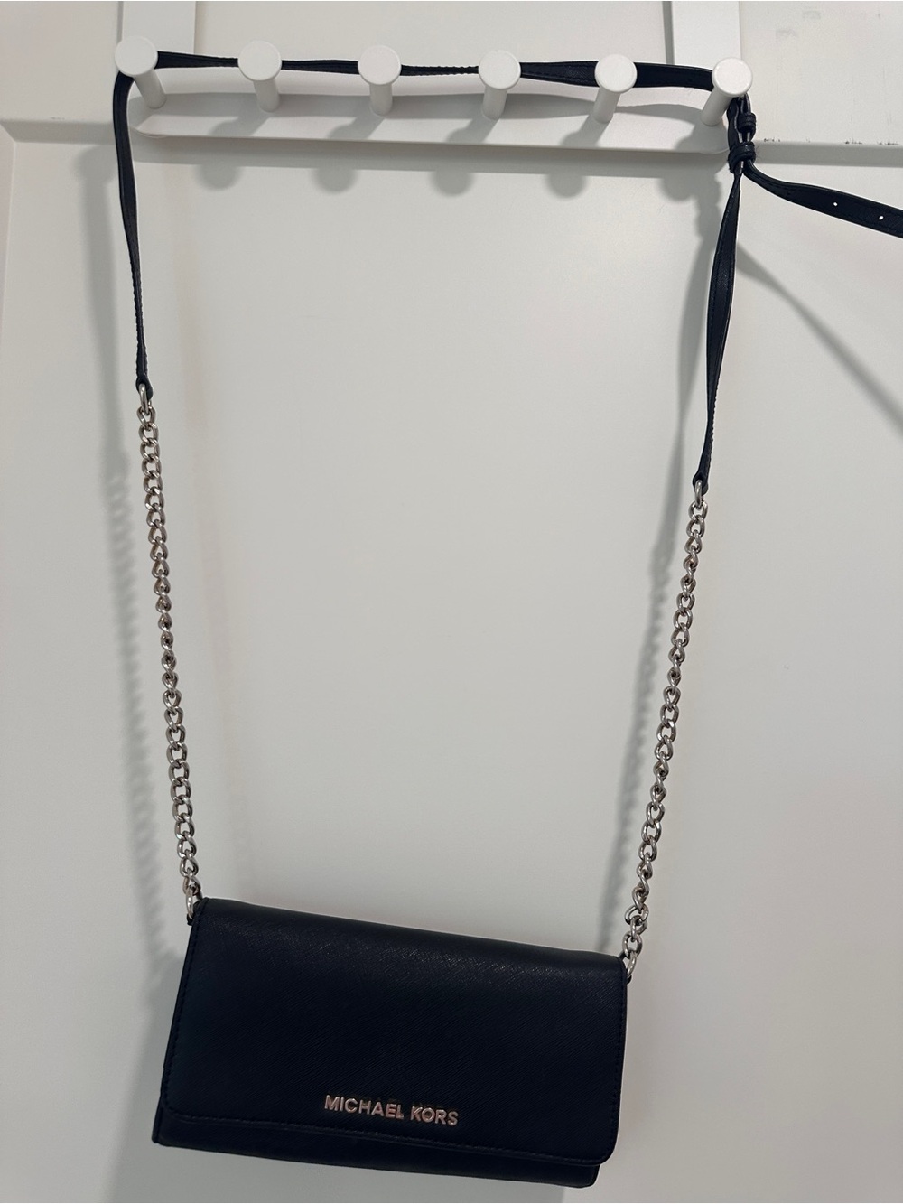 Michael Kors Black Leather Crossbody with Silver Chain Strap